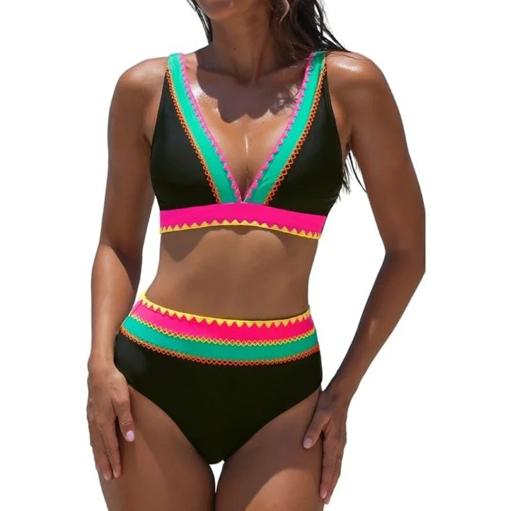 popvil Women's High Waisted Bikini Sets Two Piece Bathing Suits Color Block S